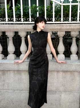 澜竹旗袍黑色复古新中式气质收腰连衣裙高级感提花无袖低开叉长裙