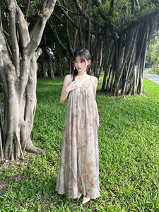 澜竹天丝2024新款原创设计水墨画宽松吊带连衣裙长裙沙滩度假裙女