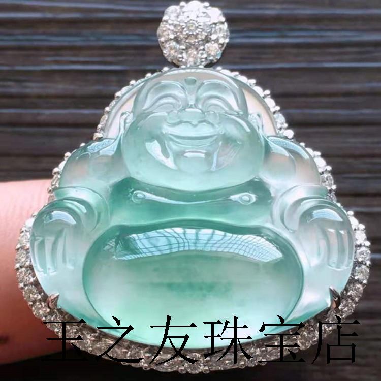缅甸翡翠色玉笑佛冰种观音挂件精品阳绿飘花镶嵌玉佛吊坠锁骨项链