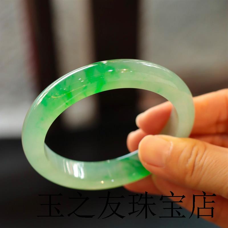 老坑缅甸翡翠色手镯子冰糯种飘花玉紫罗兰春彩多彩手镯正圈阳绿处
