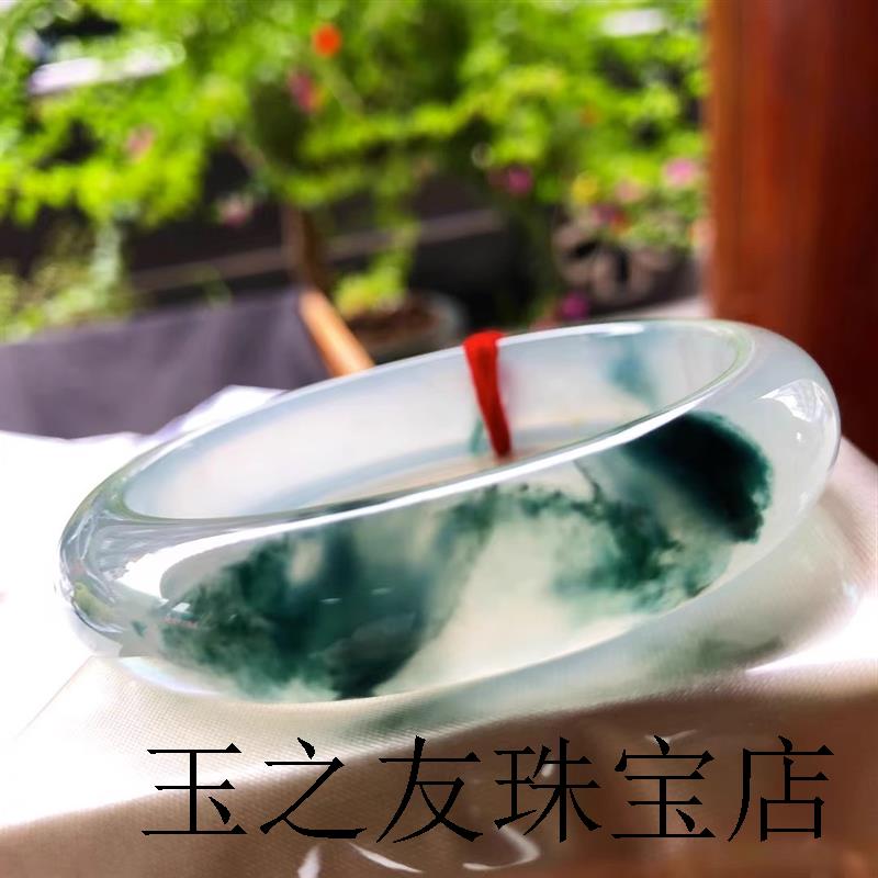 高端款老坑缅甸飘蓝色的花冰种翡翠手镯正圈圆条贵妃玉镯女款处理
