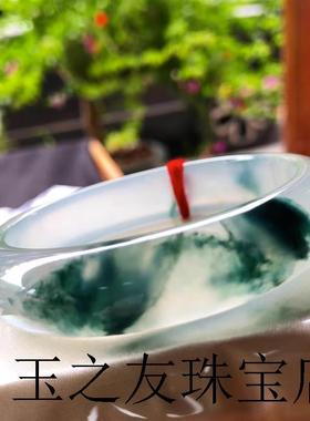 高端款老坑缅甸飘蓝色的花冰种翡翠手镯正圈圆条贵妃玉镯女款处理