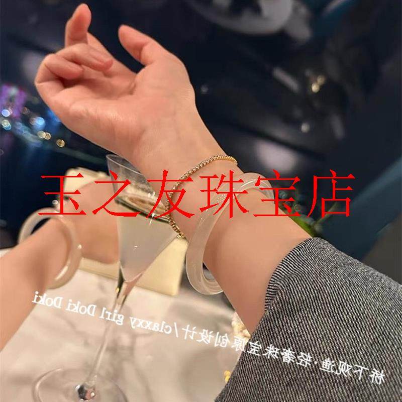 冰种水晶玉髓手镯荔枝冻玛瑙冰透白月光香槟金手镯高透美人条女款