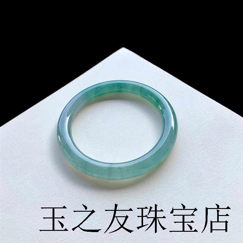 缅甸老坑翡翠色手镯冰种色冰透飘花篮底春彩细圆条叮当玉手镯送礼