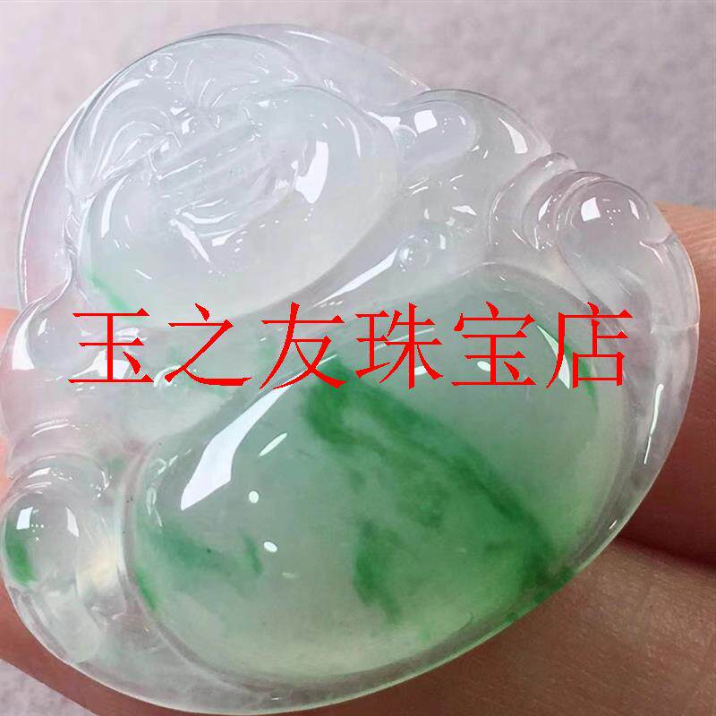 缅甸糯冰种翡翠色玉石飘花阳绿弥勒佛挂件女款项链毛衣链佛公吊坠