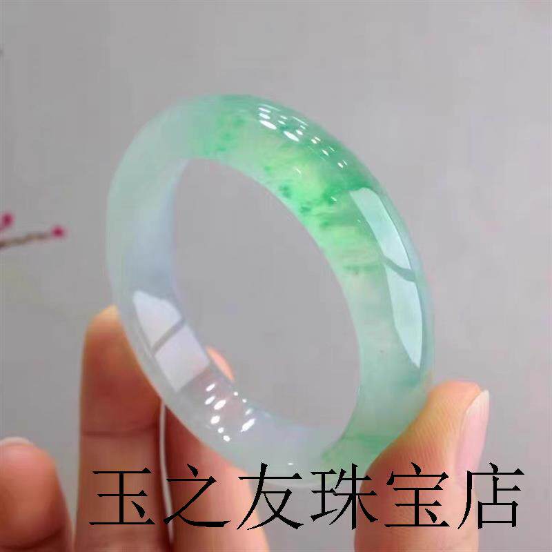 手镯女缅甸高端翡翠色珠宝飘花冰糯种帝王绿满绿阳绿圆条贵妇玉镯