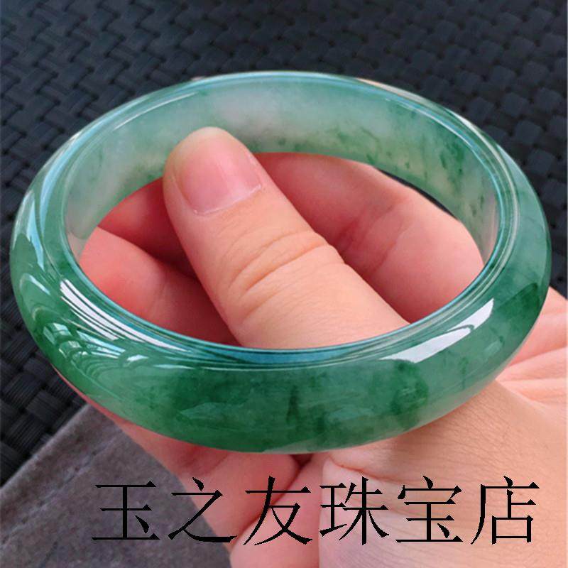 缅甸翡翠色玉手镯女款老坑冰糯种飘绿兰花冰透圆条吊坠贵妃镯送礼