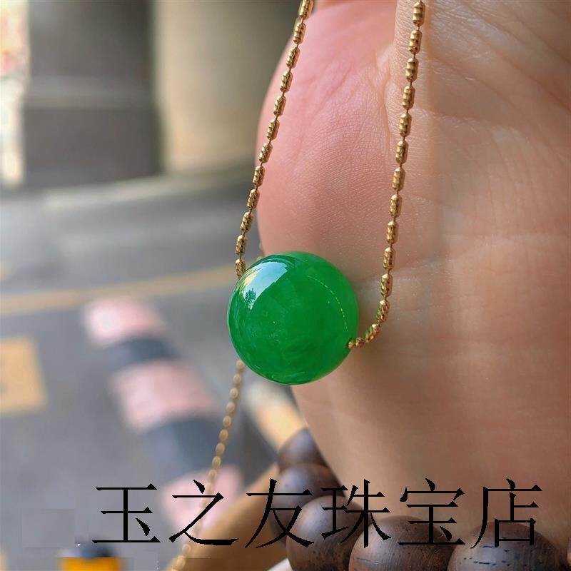 高端缅甸翡翠色老坑冰辣绿路路通吊坠金链锁骨链转运珠女款项链