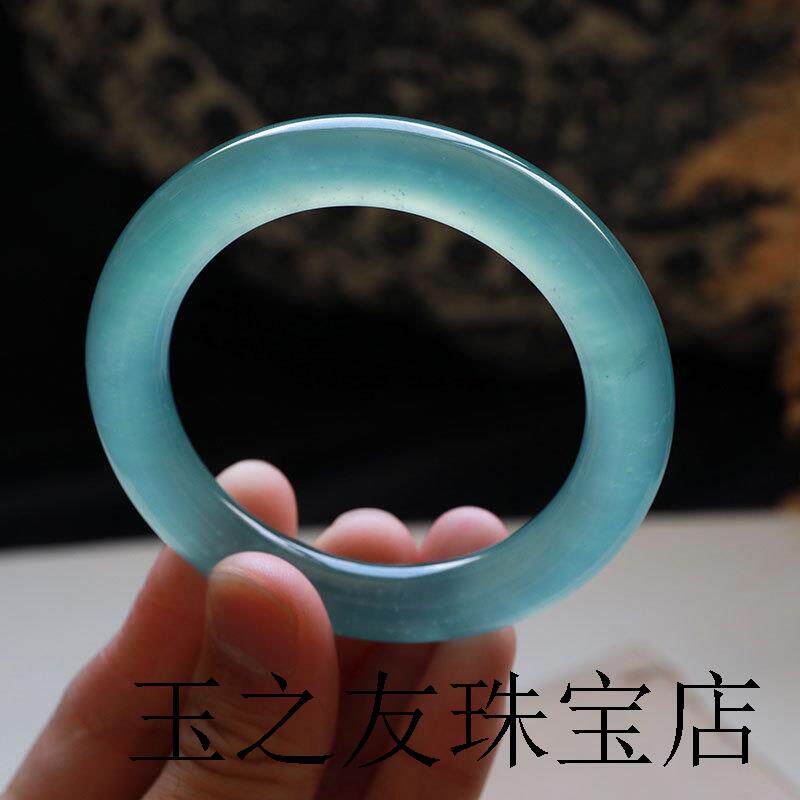 缅甸翡翠色天青冻木那高冰晴水岫玉正圈镯蓝水危料海宝蓝圆条手镯