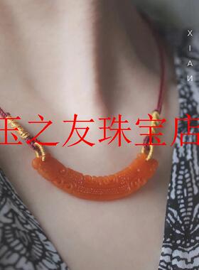 新款新年红绳手编款国风红色翡翠色镂空雕刻新中式项链气质百搭款