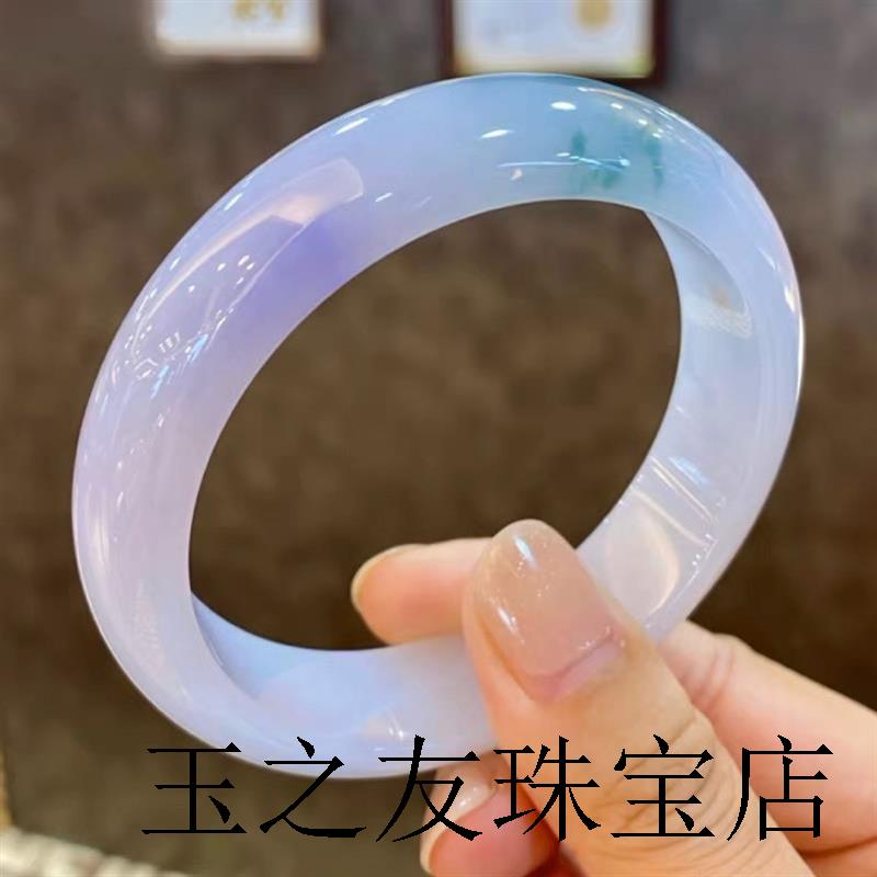 缅甸冰糯种翡翠手镯圆条淡紫色飘绿花平安玉手镯高级感时尚女饰品