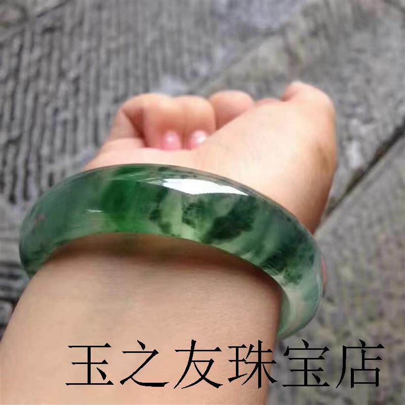 缅甸冰种正圈飘绿花翡翠色手镯老坑辣绿贵妃细圆条玉石手镯送礼品