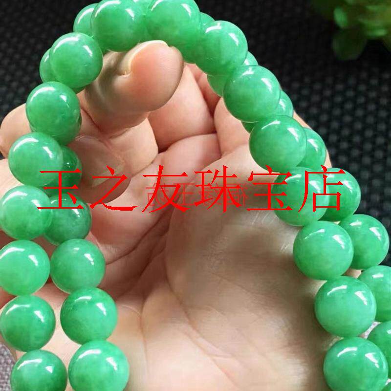 缅甸翡翠色阳绿辣绿色圆珠项链老坑料冰种苹果绿男女同款毛衣项链