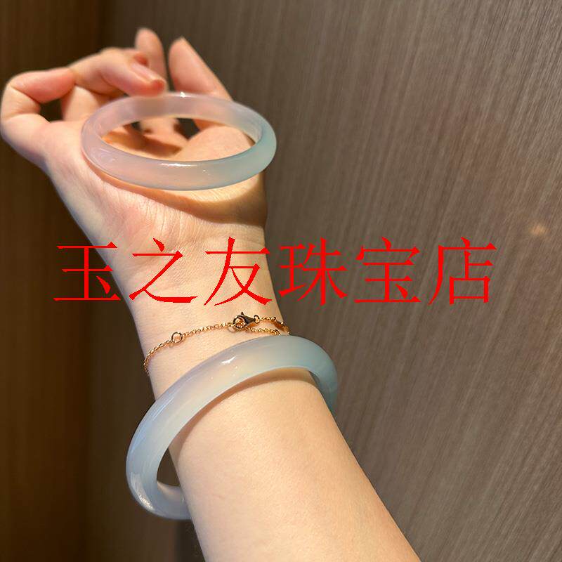 肆玖精选渐变奶蓝色玛瑙手镯女款古风年轻气质少女玉髓镯子送礼品