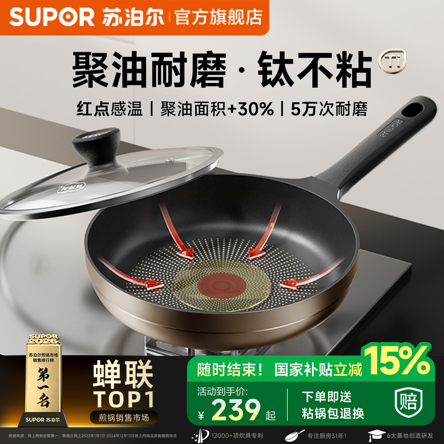 苏泊尔钛聚油火红点煎锅平底锅不粘锅家用无油烟燃气灶电磁炉通用