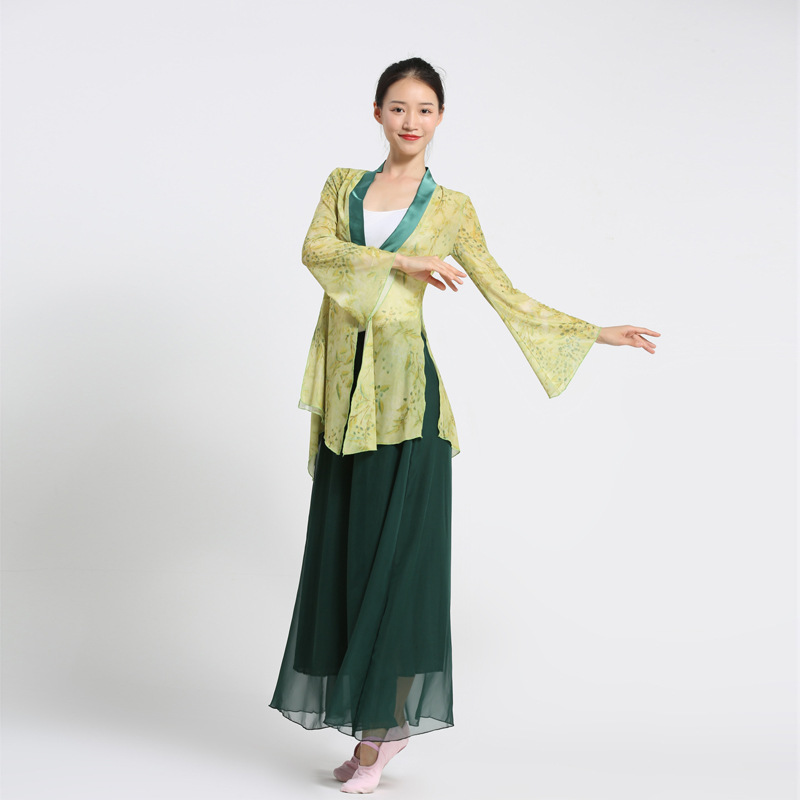 日本无印MUJIE古典舞服装夏季套装演出服上衣印花网纱舞蹈跳舞飘