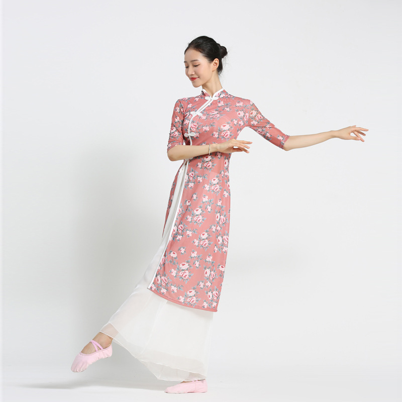 日本无印MUJIE古典舞旗袍舞蹈服飘逸身韵印花纱衣中国舞练功服旗