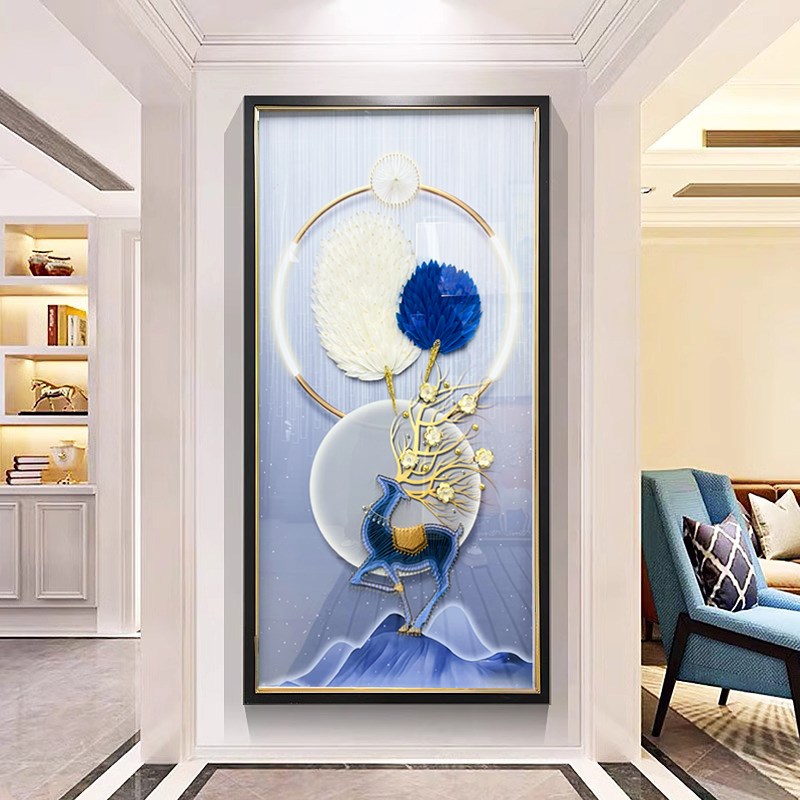 马到成功入户玄关装饰画s轻奢走廊过道挂画钢化玻璃勾线立体实物图片