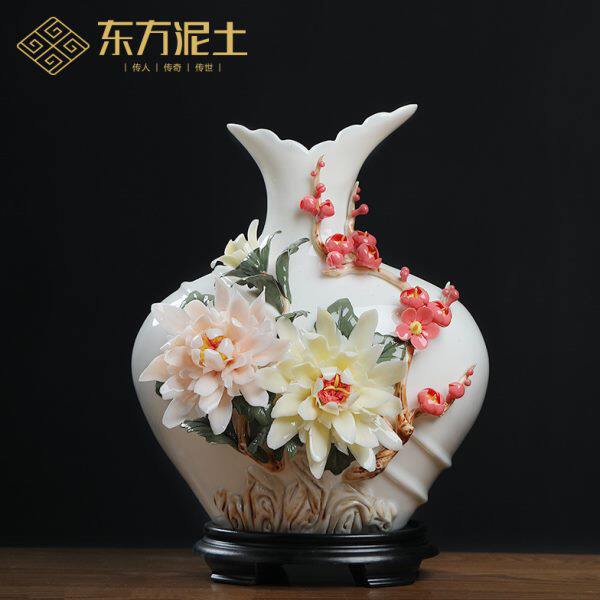 泥东方瓷 家居装饰品手工土陶花花瓶摆件瓷客厅酒柜博古架电视柜