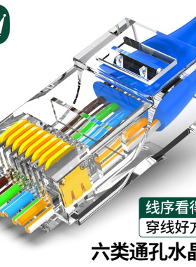 E万级六类通孔水晶头RJ45千兆网线接头8P8C镀金连接器直通穿孔式