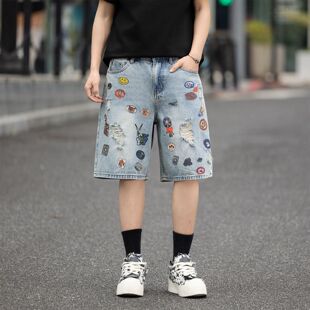 潮牌高街美式街头破洞激光印花牛仔短裤男宽松oversize直筒五分裤