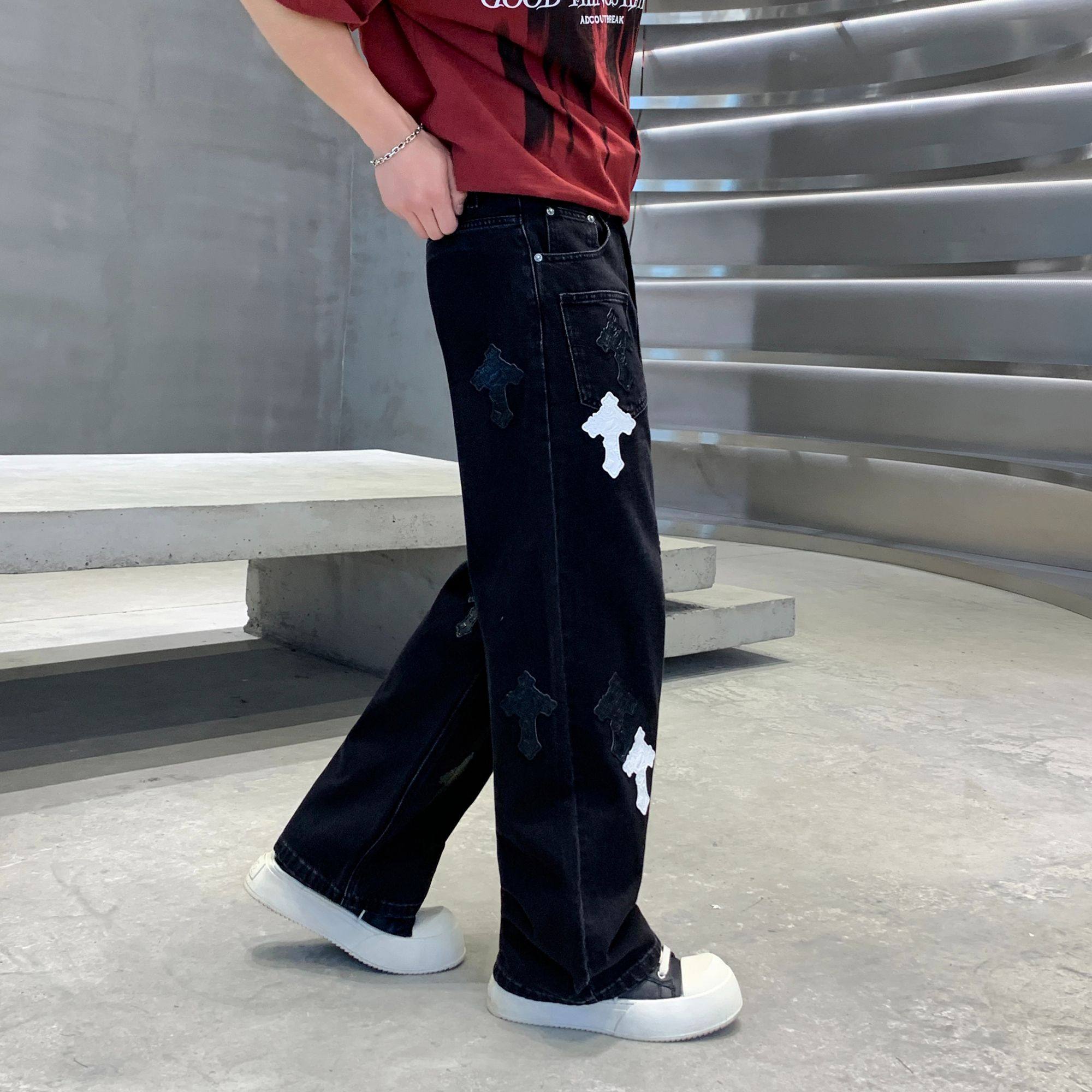 潮牌美式高街风十字架贴皮刺绣设计牛仔裤男宽松直筒裤阔腿长裤,男装,牛仔裤,淘宝优惠券,粉丝福利购,淘宝优惠卷