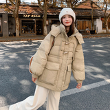 韩版洋气卡其色保暖连帽羽绒服女2025冬季新款显瘦加厚白鸭绒外套，女装羽绒服，浙宝007A（原150A)