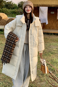 米白色连帽长款羽绒服女2025冬季新款高级感超好看韩系加厚面包服图片