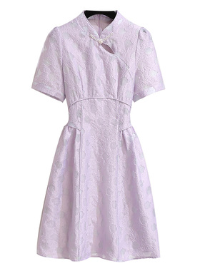 现货高级感紫色新中式洋装2023新款夏季女装小个子穿搭改良旗袍裙