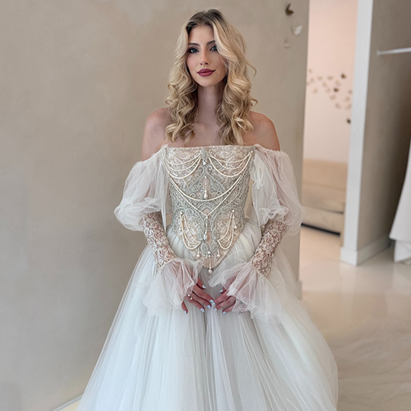 thumbnail for French light luxury high-end heavy industry long sleeve bridal engagement wedding dress wedding robe toast dress niche banquet dress