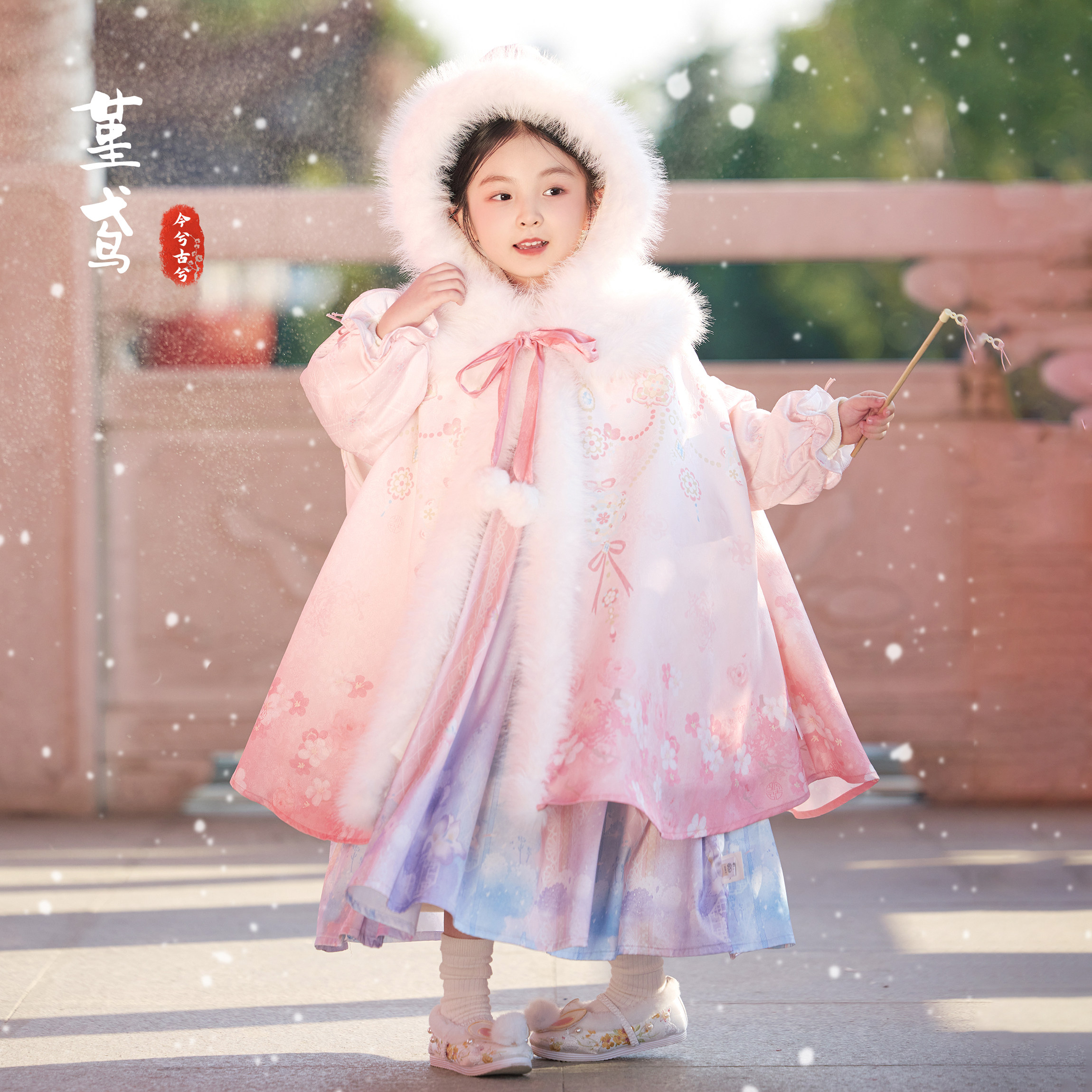 儿童今兮古兮女童汉服古风斗篷套装冬季加绒加厚保暖毛领连衣裙子