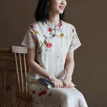 三五年Q792苎麻印花中式改良旗袍宽松文艺国风中长a字连衣裙女夏