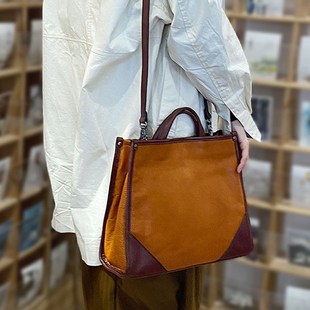 头层牛皮女包真皮女包2025拼色时尚单肩包休闲 大容量手提斜