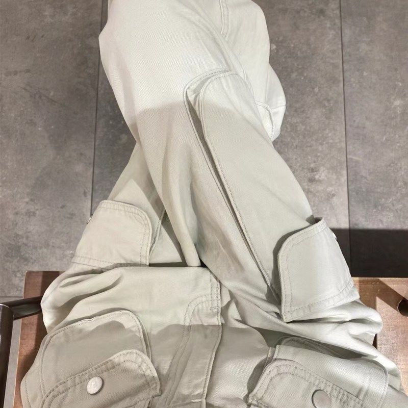 美式复古米白色工装裤女秋冬高腰宽松休闲设计感小众阔腿拖地裤子