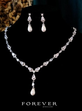 礼服项链耳环套装微镶锆石人造珍珠新娘婚纱时尚首饰品晚宴会颈链