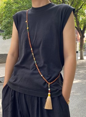 中式汉服背链多层项链长款女檀香木流苏斜挎旗袍配饰手工国风高档