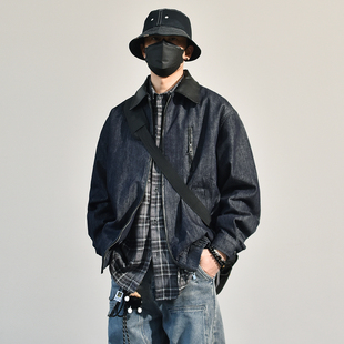 上衣 夹克男春季 美式 复古小众设计感廓形牛仔外套PU皮拼接翻领工装