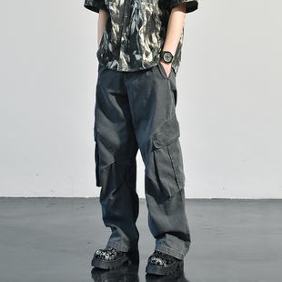 深灰色弯刀伞兵裤重磅全棉大口袋工装裤美式高街春夏阔腿裤男长裤