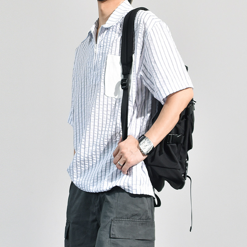 黑白条纹半开拉链POLO领套头衬衫日系少年感夏季轻薄短袖衬衣男生