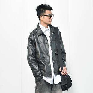 机车皮外套男高级感明线皮衣潮 新款 美式 高街短宽PU皮夹克2025春季