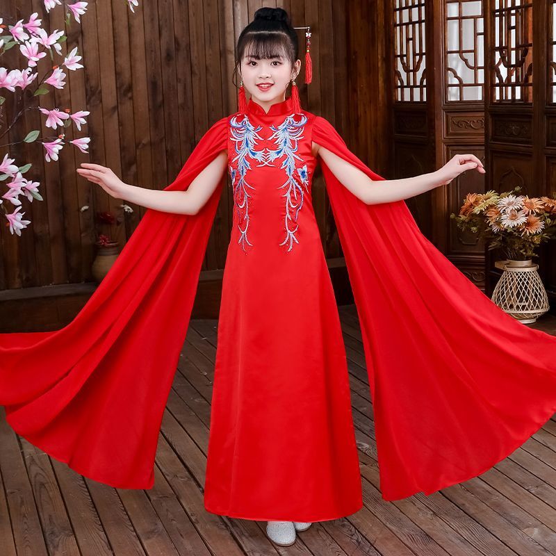 租红色古典舞汉服女童演出服