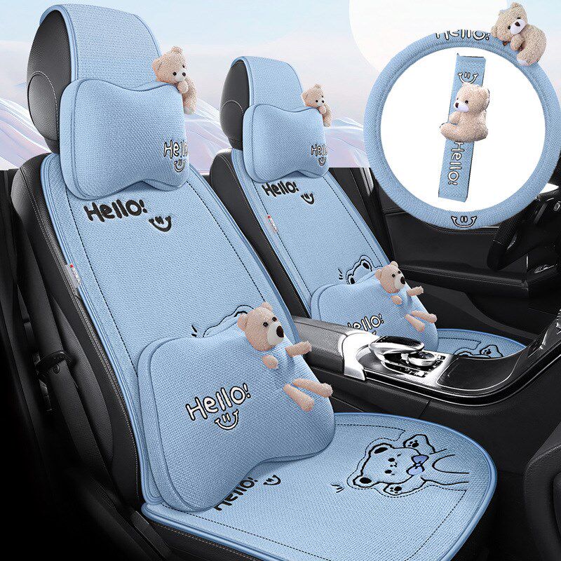 汽车坐垫四季通用卡通可爱棉麻布艺半包围薄款夏亚麻座.椅套座垫