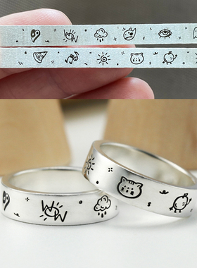 涂鸦戒指定制刻字999纯银手工情侣对戒女生可爱卡通个性手绘指环