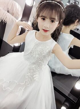 夏季蕾丝白色连衣裙小女孩公主裙女童演出服生S日伴娘礼服蓬蓬裙