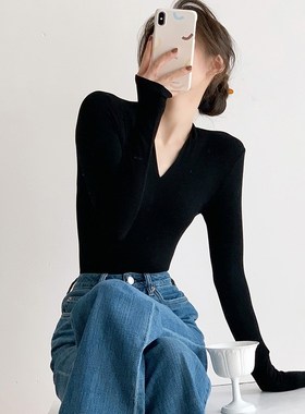 黑色V领紧身f打底衫女春秋2024新款百搭羊绒内搭毛衣修身针织上衣