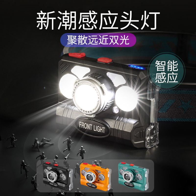 新款夜钓鱼感应头灯强光充电超亮头戴式锂电筒O照明灯户外led电工