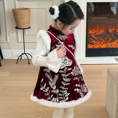 女童旗袍加c绒背心裙2025冬装新款女宝宝红色丝绒连衣裙小童新年