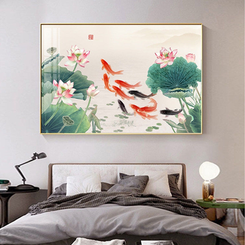 新中式荷花九鱼图装饰画客厅横版沙发背景墙挂画鲤鱼荷叶莲花晶瓷