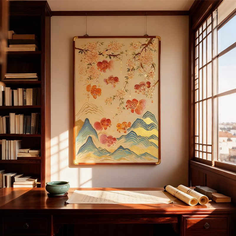 新中式红鲤招财小众艺术餐厅客厅装饰画寓意好大气入户玄关柜挂画