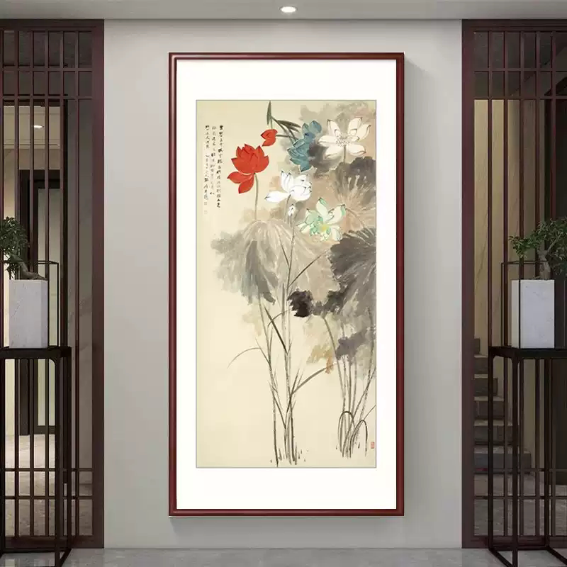 张大千山水画荷花图客厅玄关装饰画书房茶室挂画办公室背景墙壁画